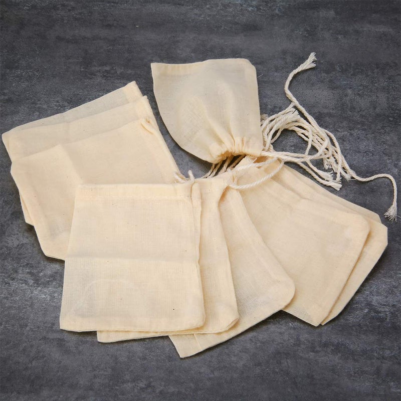 EORTA 50 Pieces Tea Strainer Bags Reusable Coffee/Tea/Herb Brew Bags Loose Leaf Infuser Cotton Muslin Drawstring Soup Spice Bags for Cooking, Beige